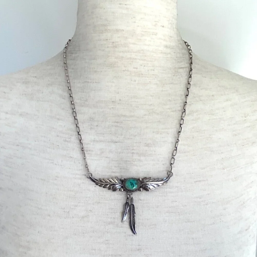 VTG Sterling Silver 925 H. Spencer Navajo Turquoise Leaf Feather Necklace 20.5